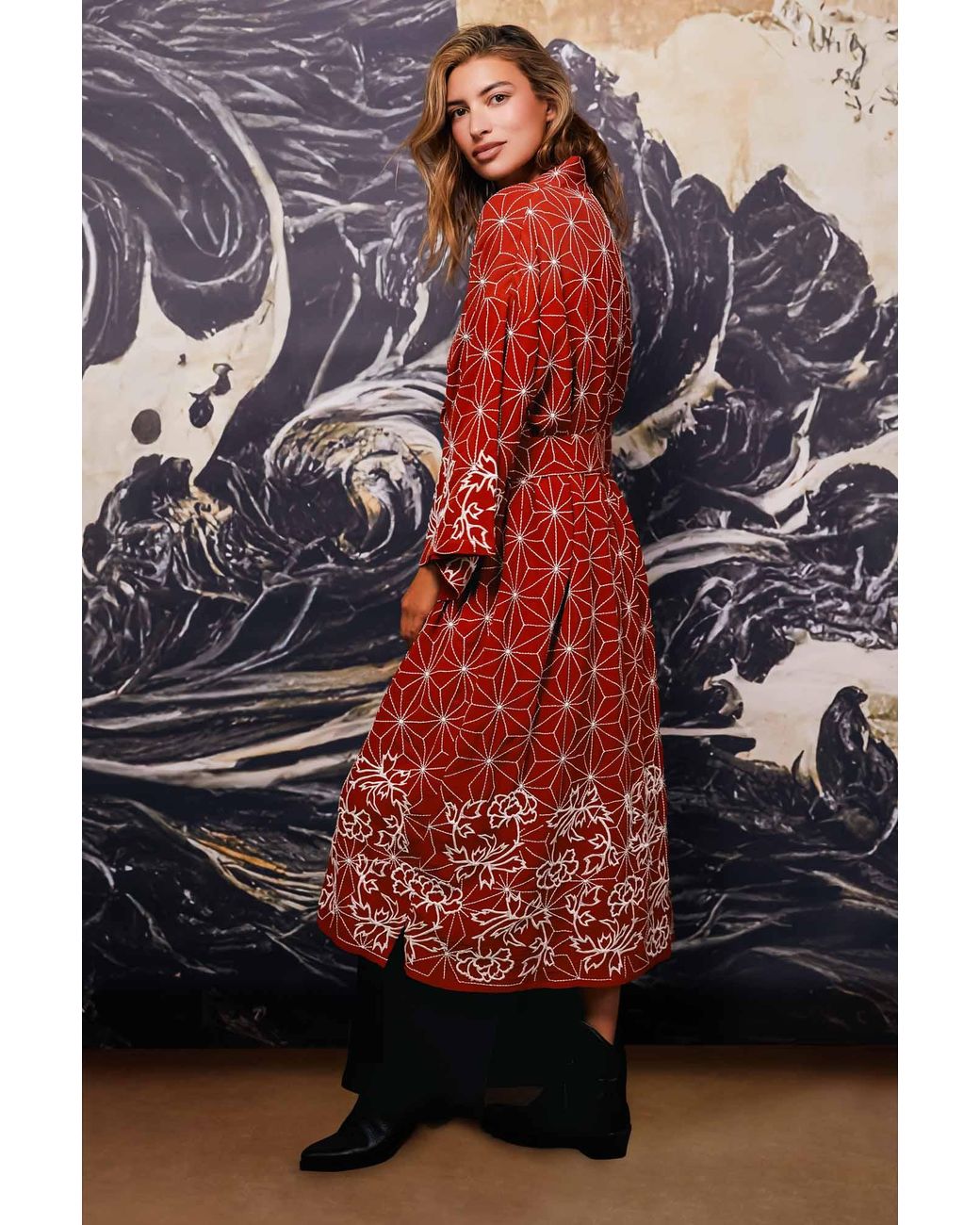 Artemis Muse Asanoha & Peony Embroidered Terracotta Fully Lined Long Kimono