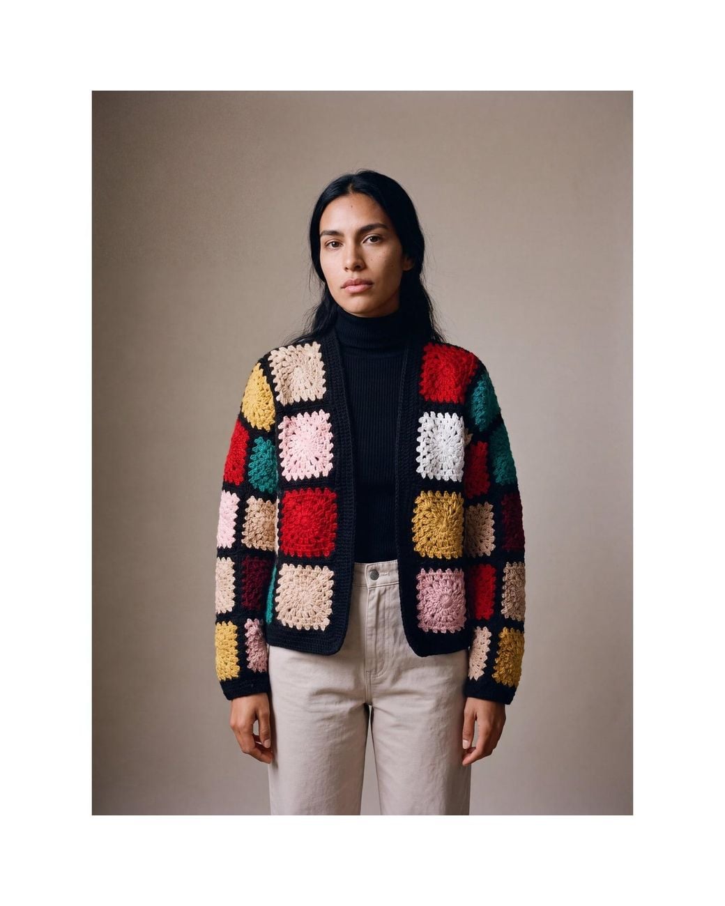 Ana Chic Red Patchwork Granny Square Handmade Crochet Cardigan