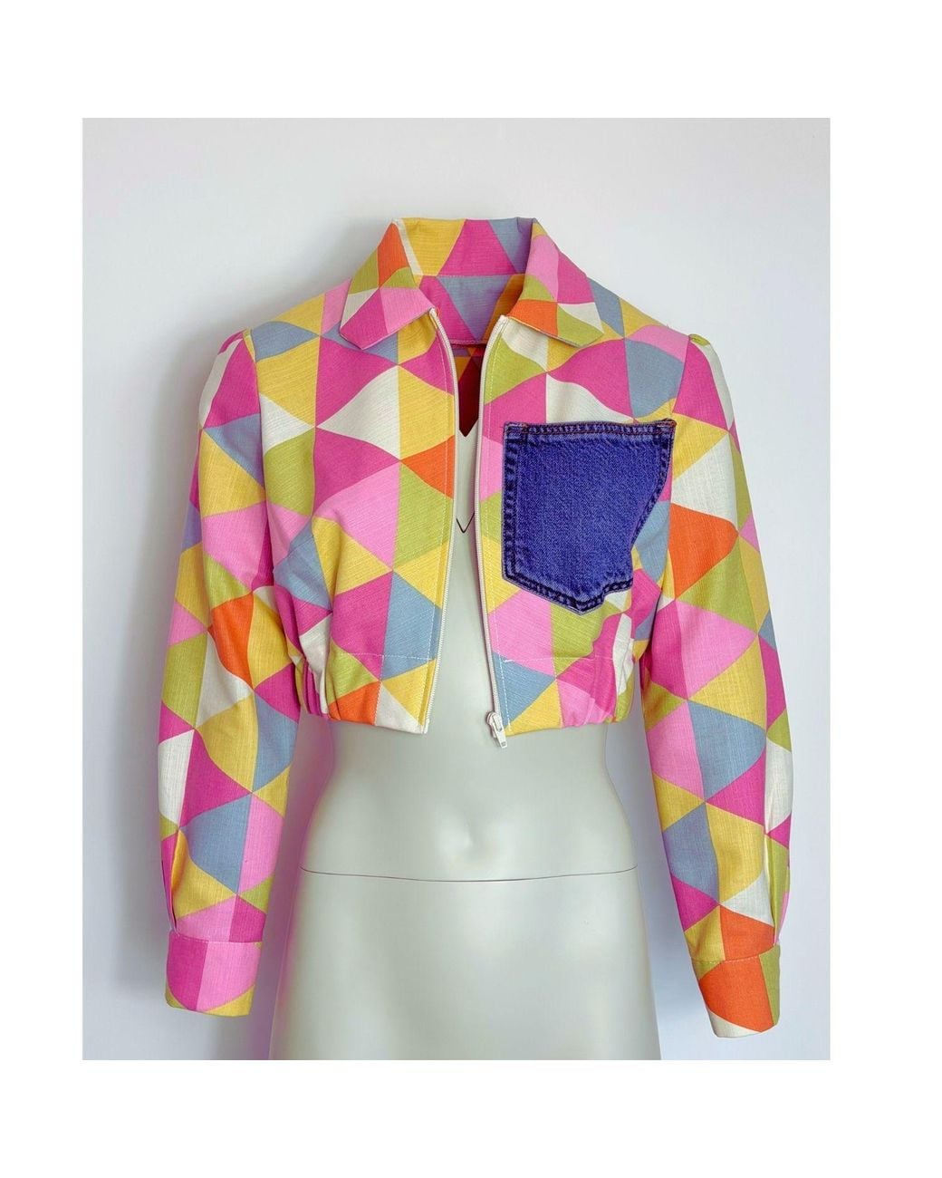 Couture to Your Door Pink Pastel Geometric Upcycled Cropped Jacket