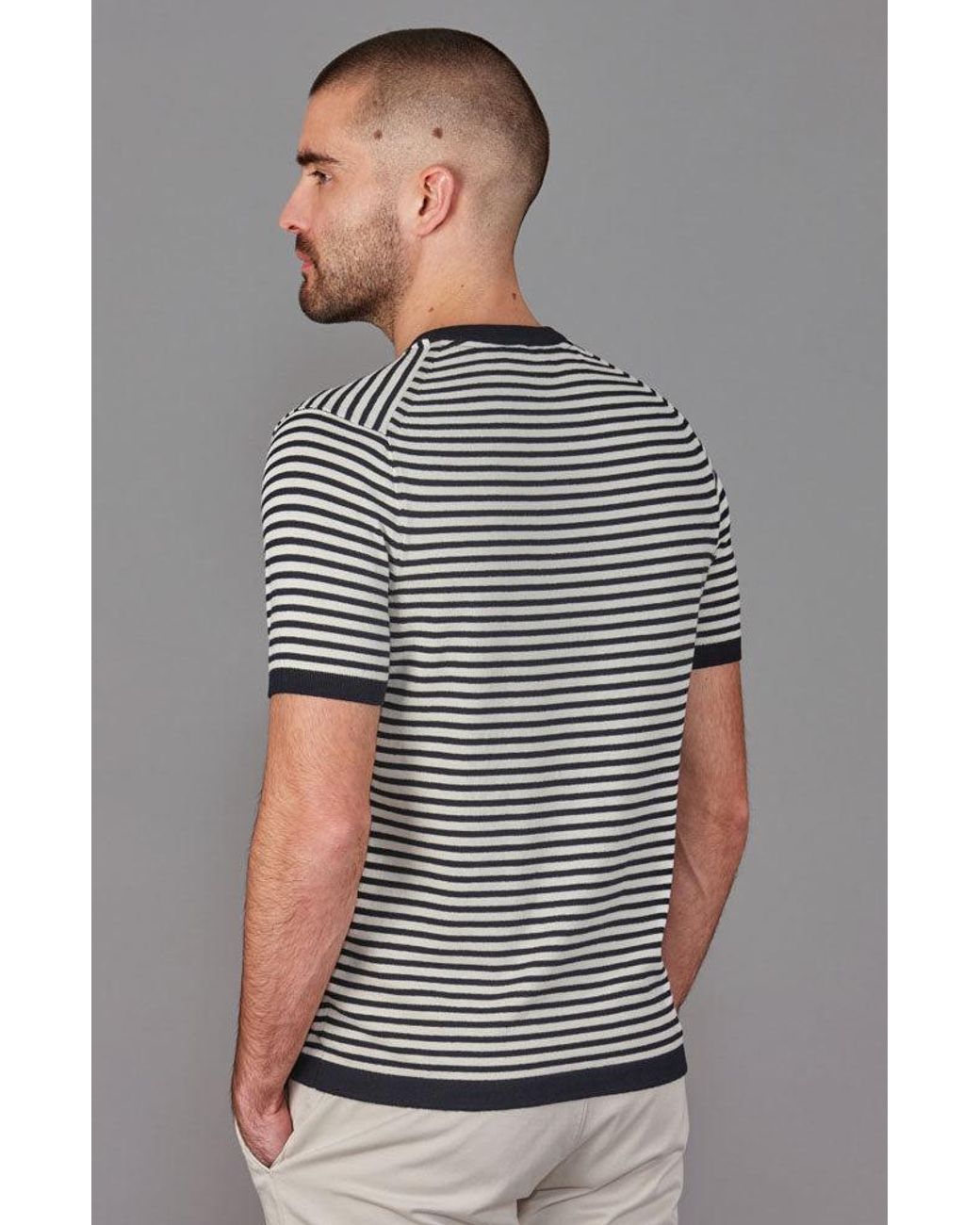 Paul James Knitwear Black Ultra Fine Cotton Antonio Knitted Narrow Breton Stripe T-Shirt for men