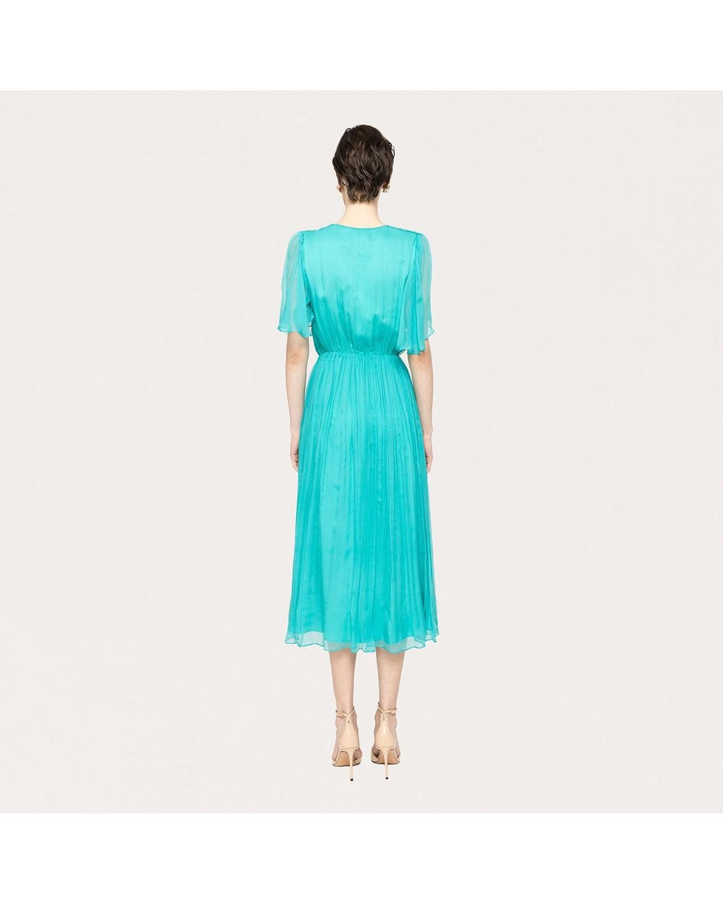 Nissa Blue Floral-Appliqué Silk Midi Dress Aqua