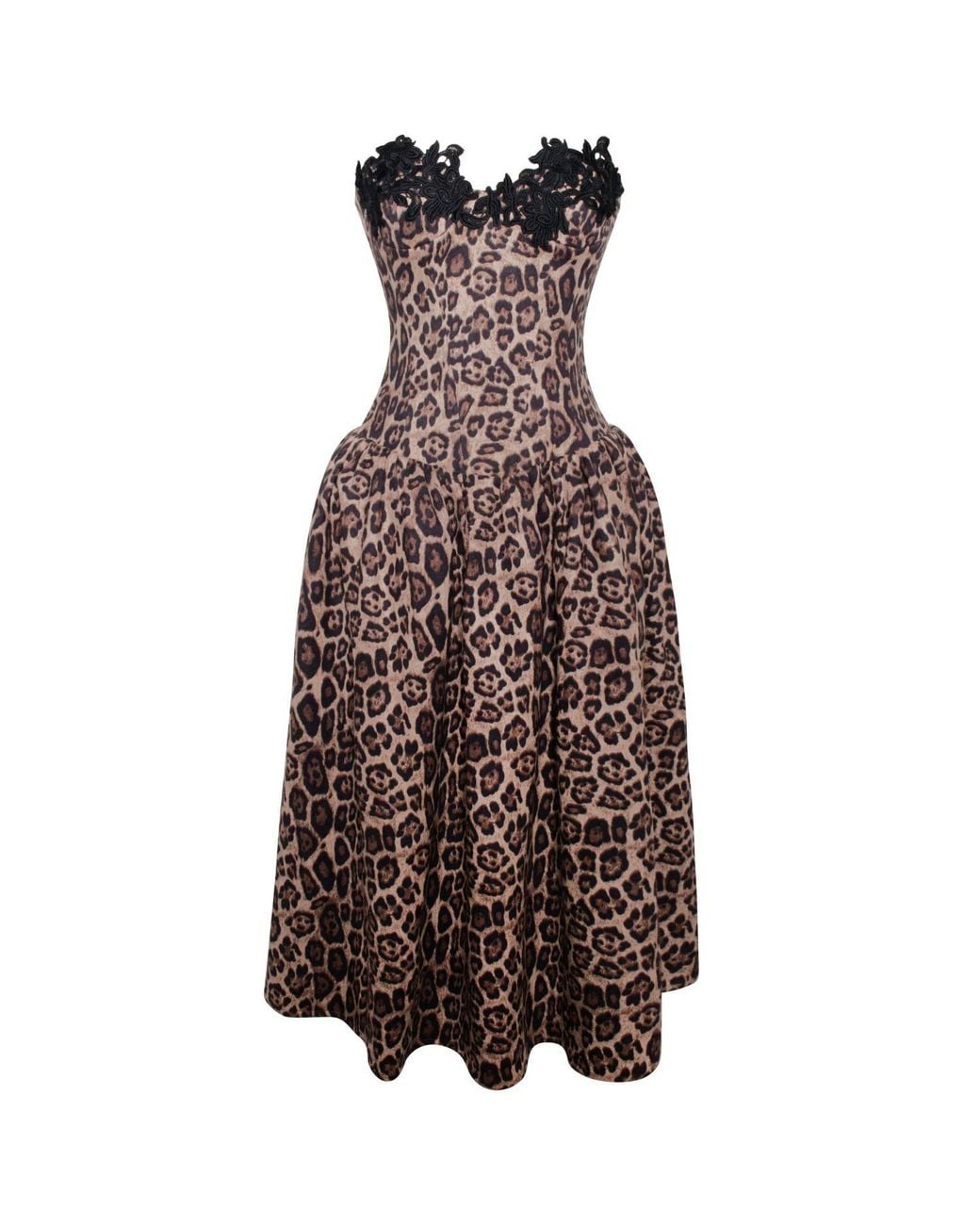Miss Circle New York Brown Uchenna Cheetah Print Stretchy Strapless Midi Dress With Lace Trim