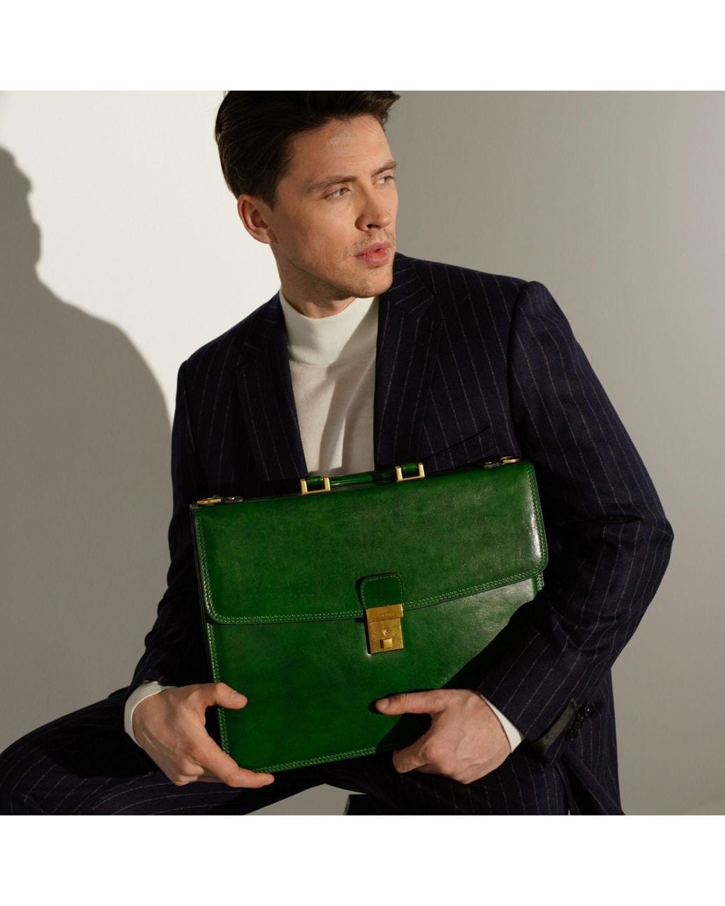 Time Resistance Green Leather Briefcase for men