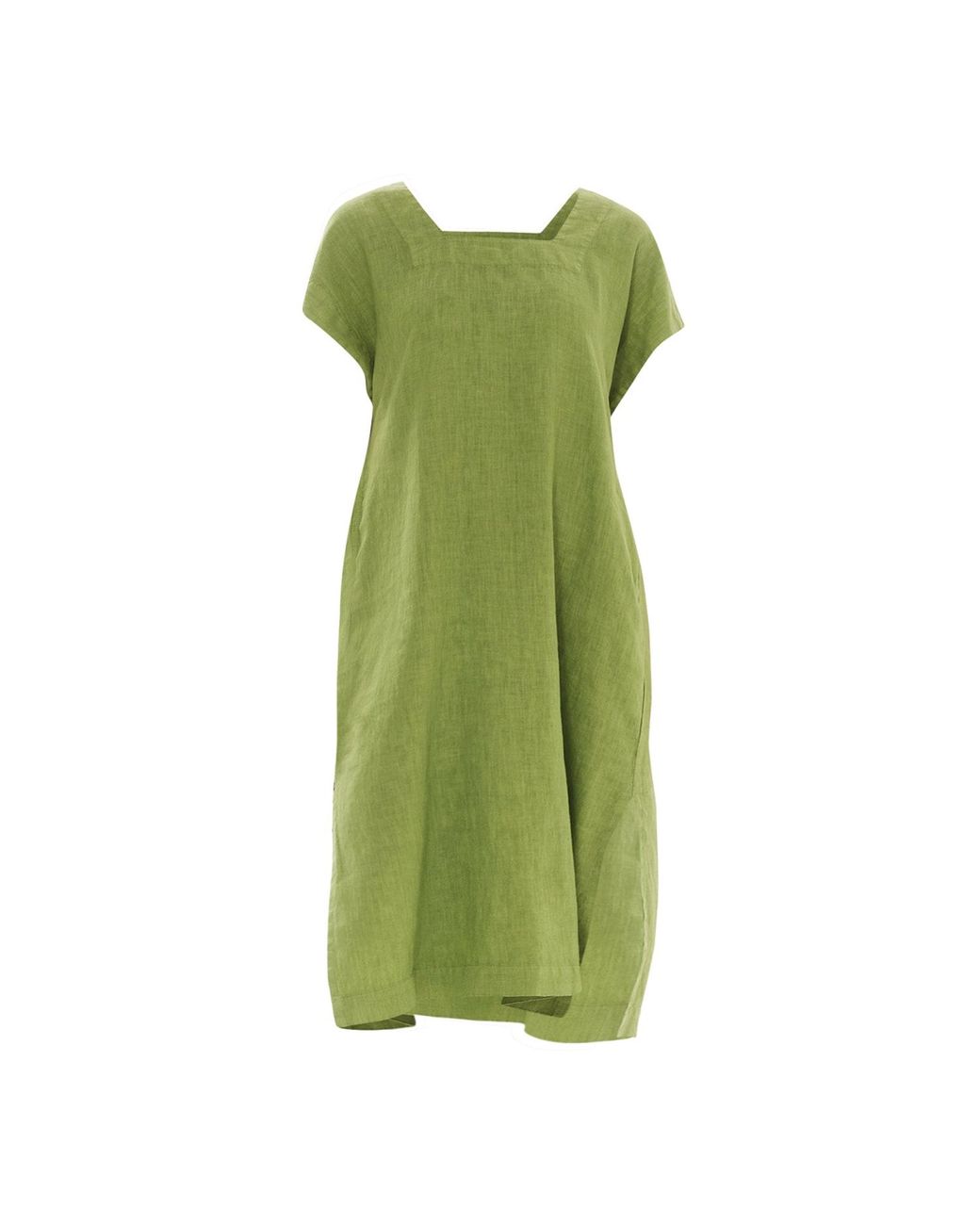 Haris Cotton Green Smock Linen Dress With Split Hem Avocado