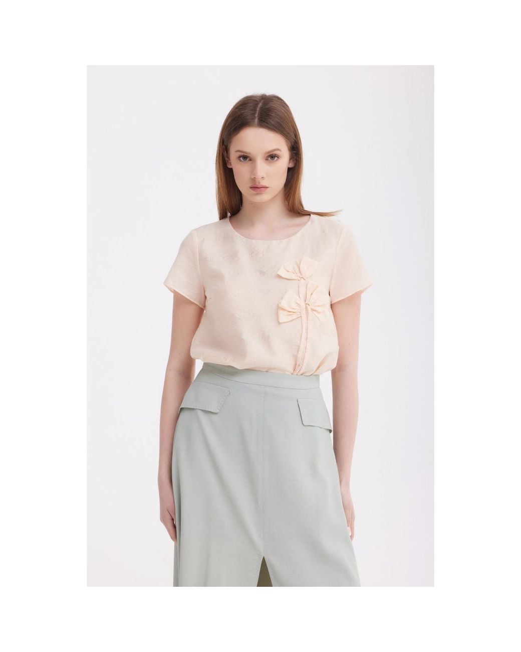 Georgette Natural Neutrals Powder Peach Bow Detail Top