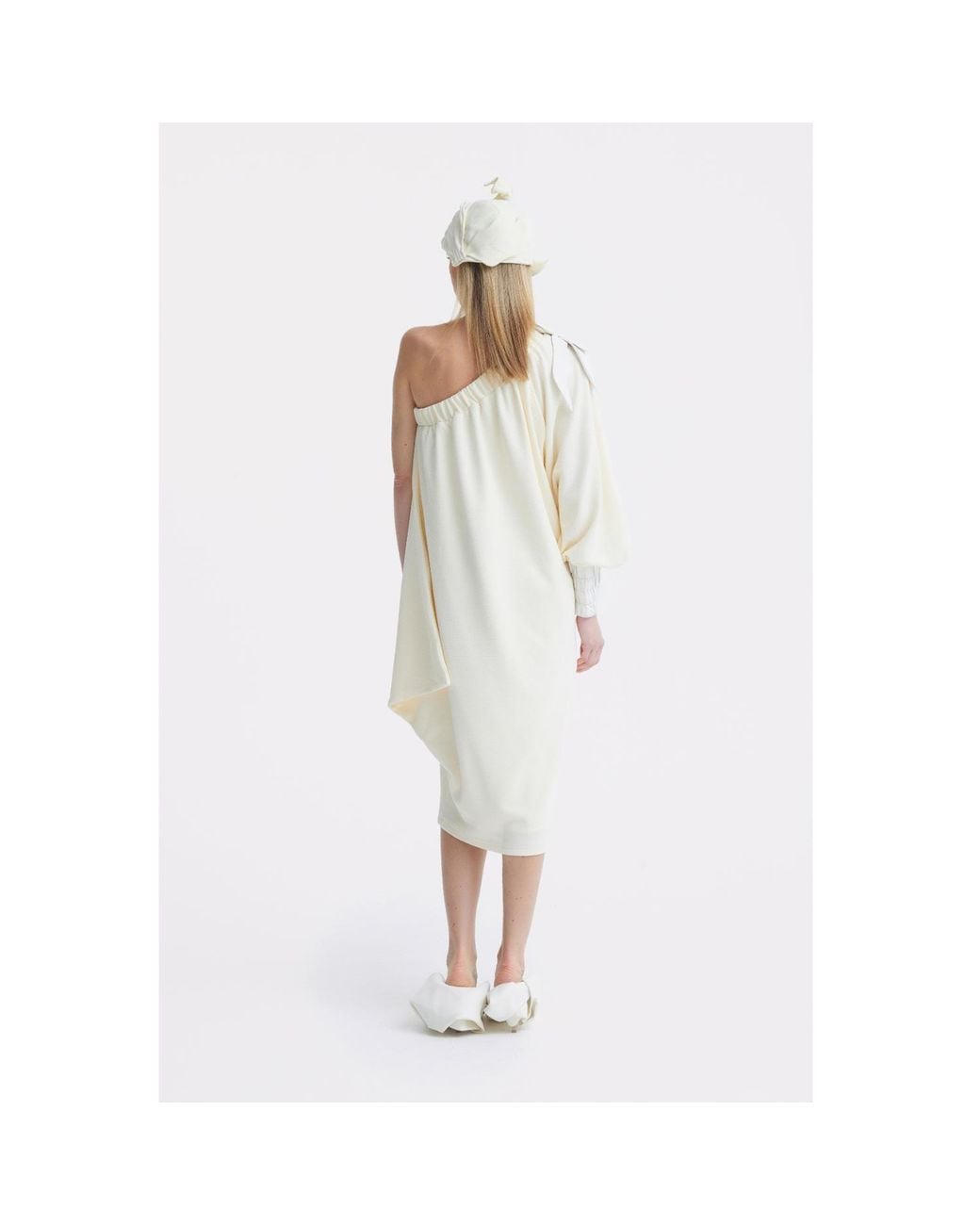 Julia Allert Natural Neutrals Cocktail One-Shoulder Midi Dress Ecru