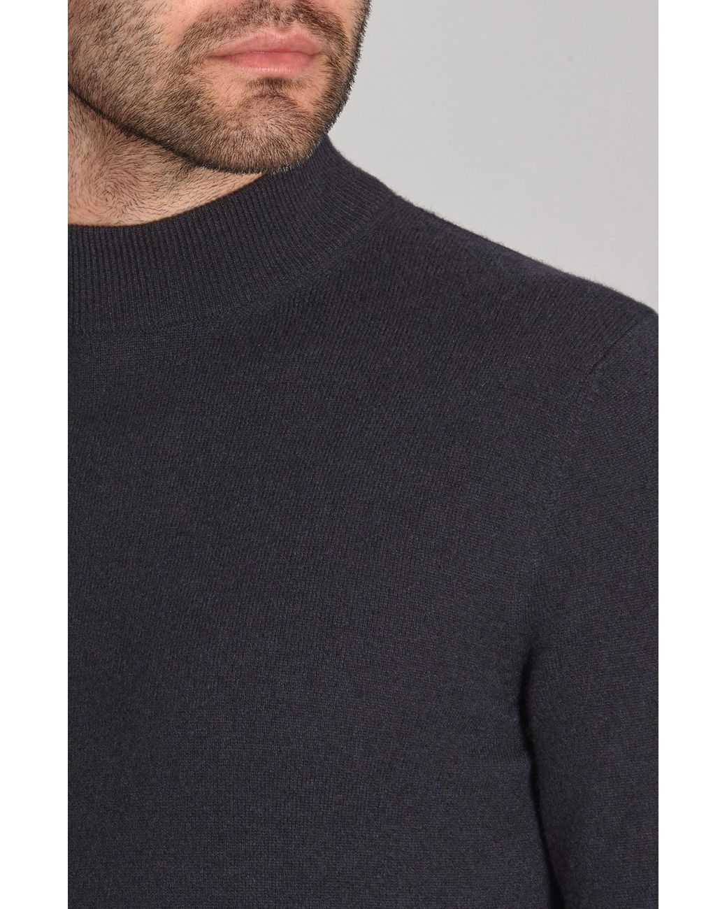 Paul James Knitwear Blue Lightweight Merino Cashmere Tristan Mock Turtle Neck Jumper for men