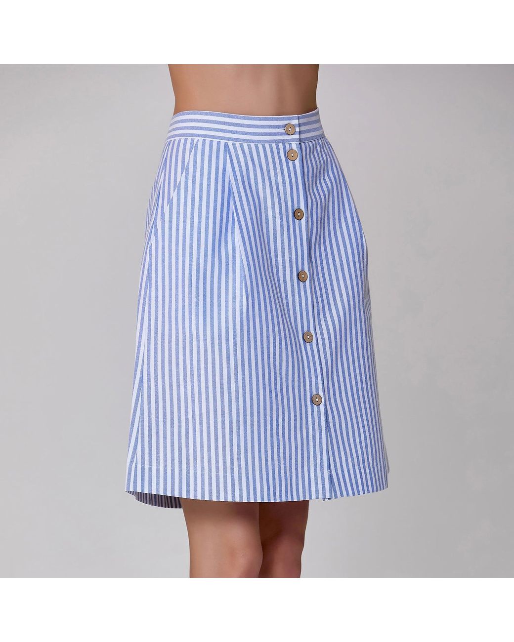 Smart and Joy Blue Striped Short Skirt Buttoned