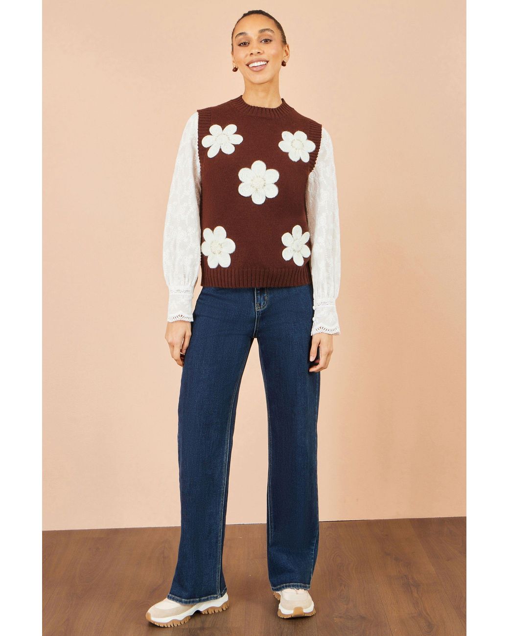 Yumi' Brown Flower Applique Knit Tank