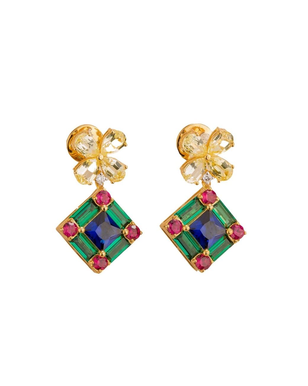 Juvetti Green Medina Gold Earrings Yellow Sapphire, Royal Blue Sapphire, Emerald & Diamond
