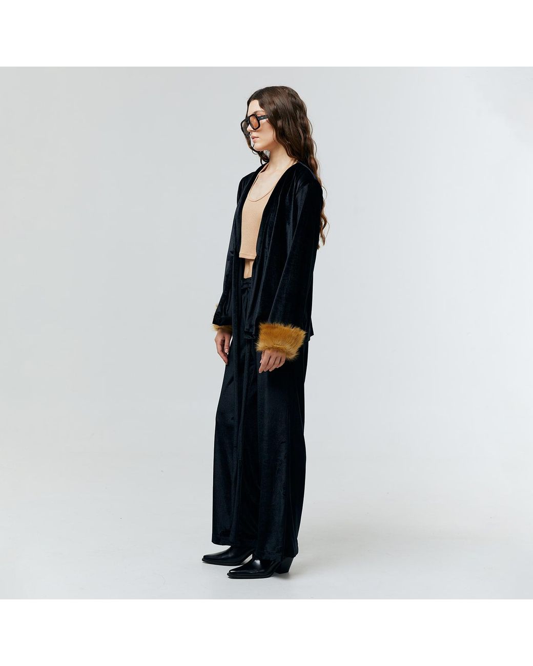 Ats the Label Black Aurielle Velvet Fur Cuff Top