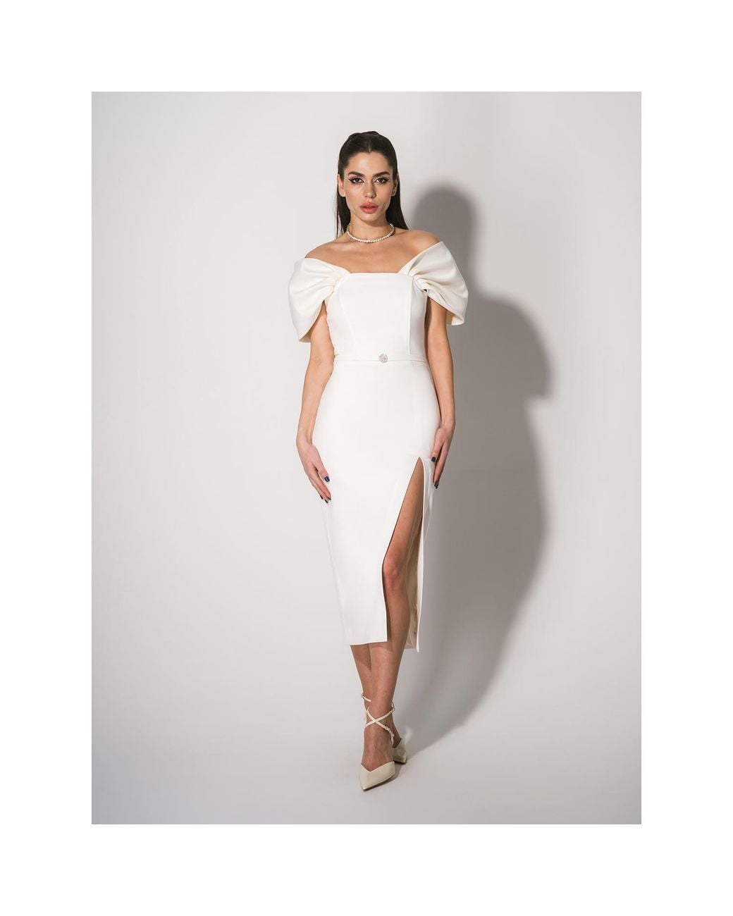 Tia Dorraine White Mirage Crystal Ornament Midi Dress, Pearl