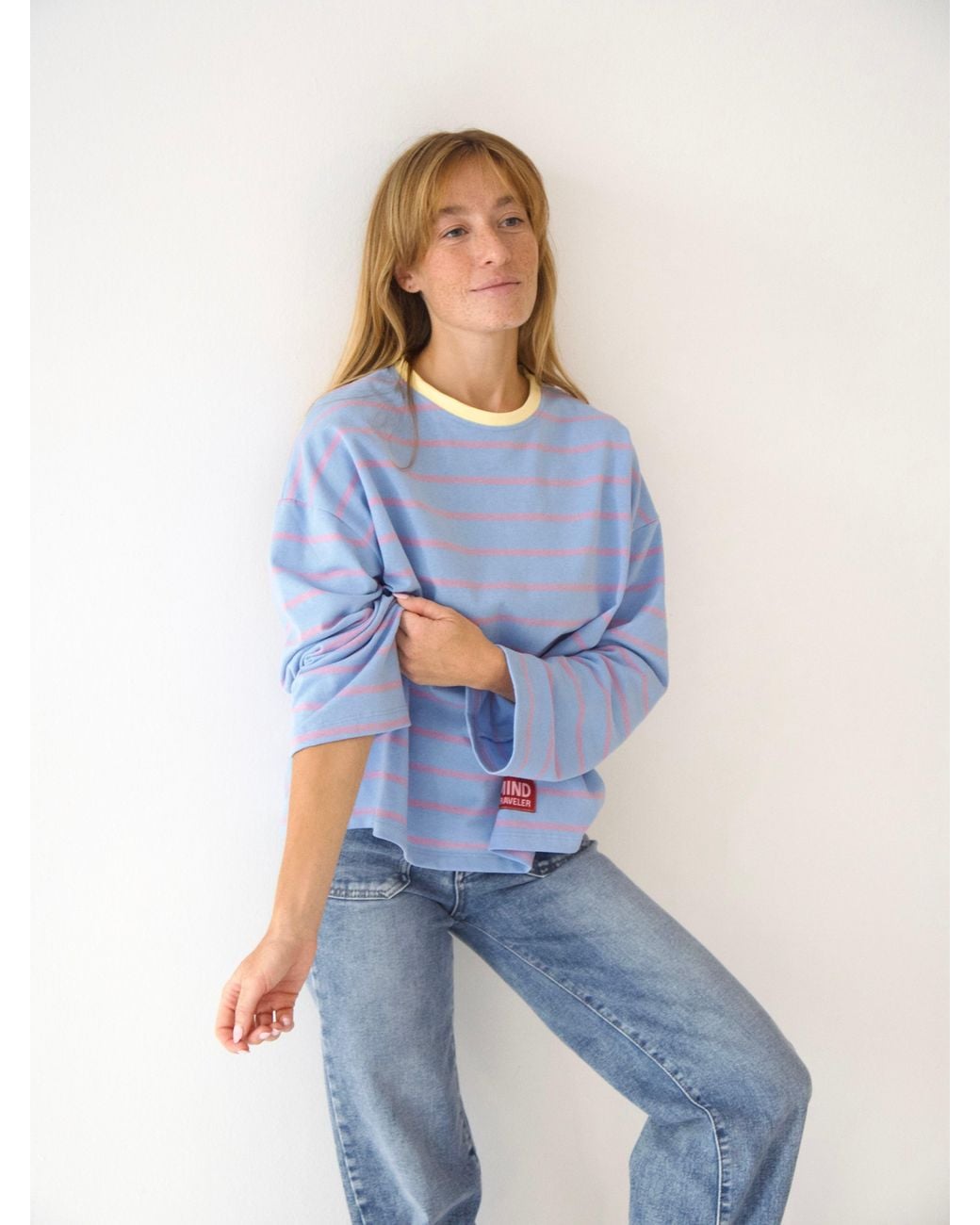 Mind Traveler Blue Light Striped Míriam Long Sleeve Top With Contrast Neck