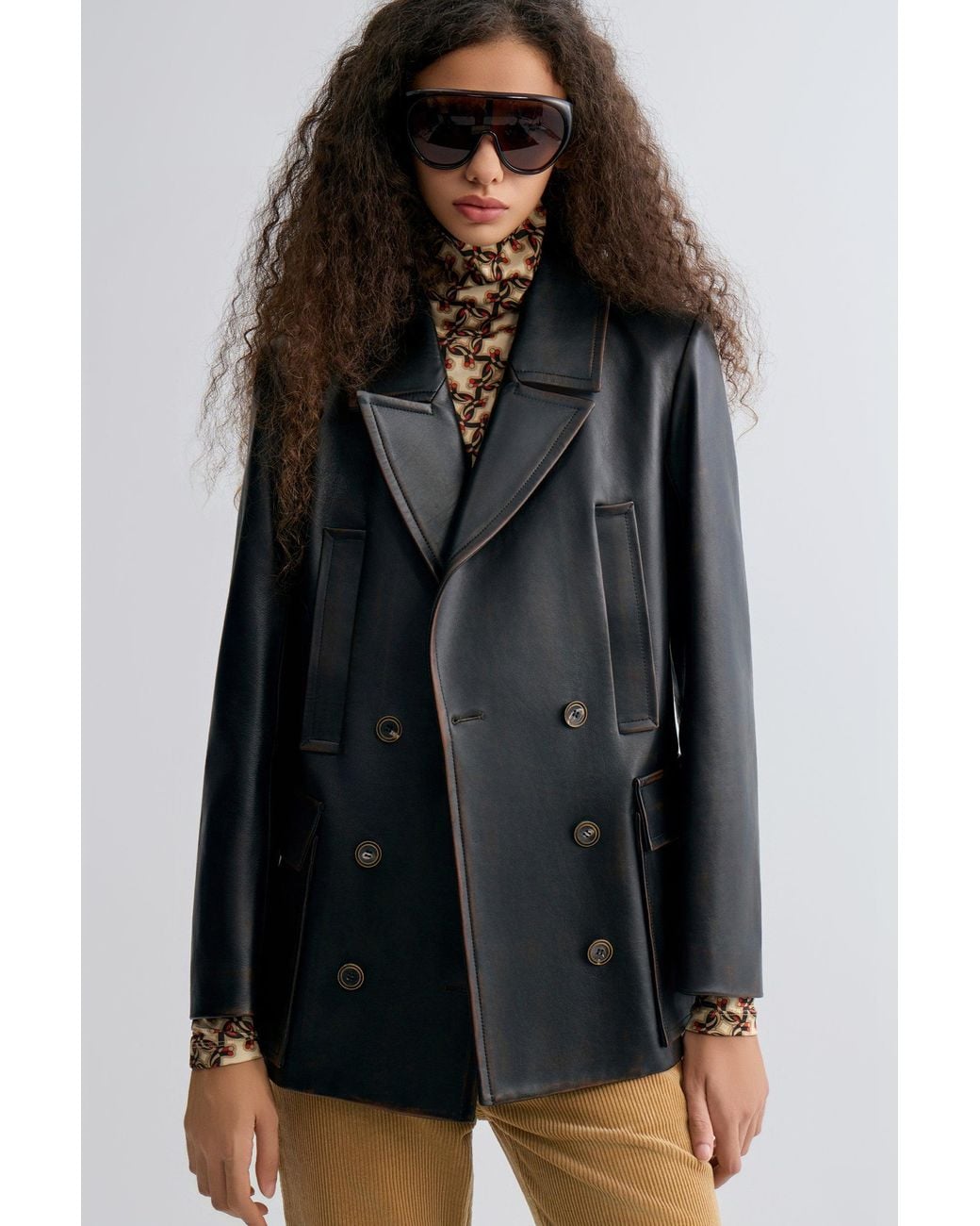 FRONT ROW SHOP Black Double Breasted Leather Jakcket