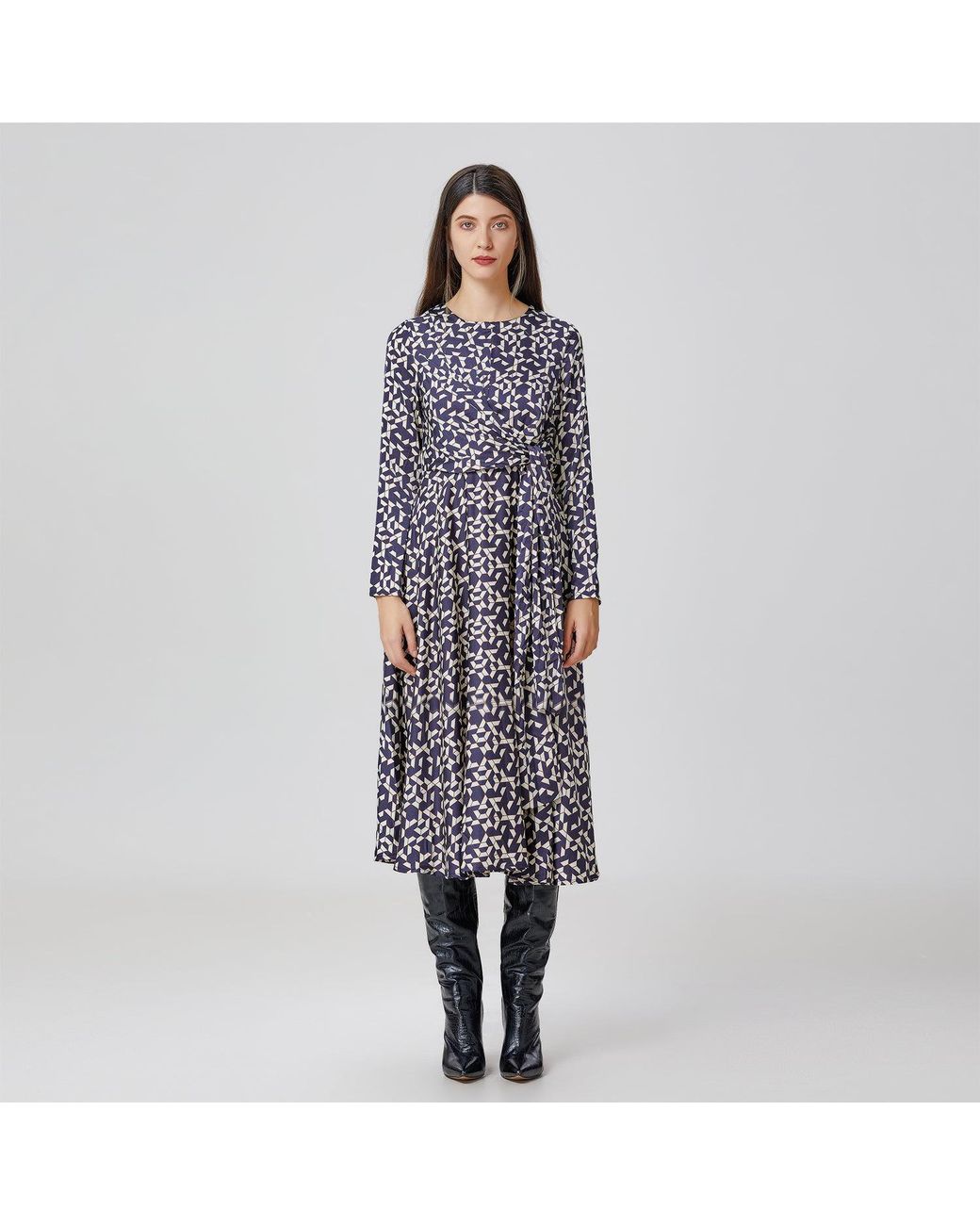 Smart and Joy Black Flared Printed Satin Dress With Side Knotted Panel
