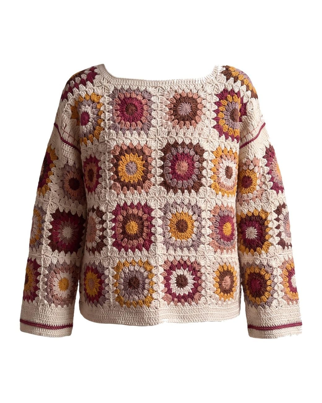 Ana Chic Brown Cream Granny Square Handmade Crochet Jumper