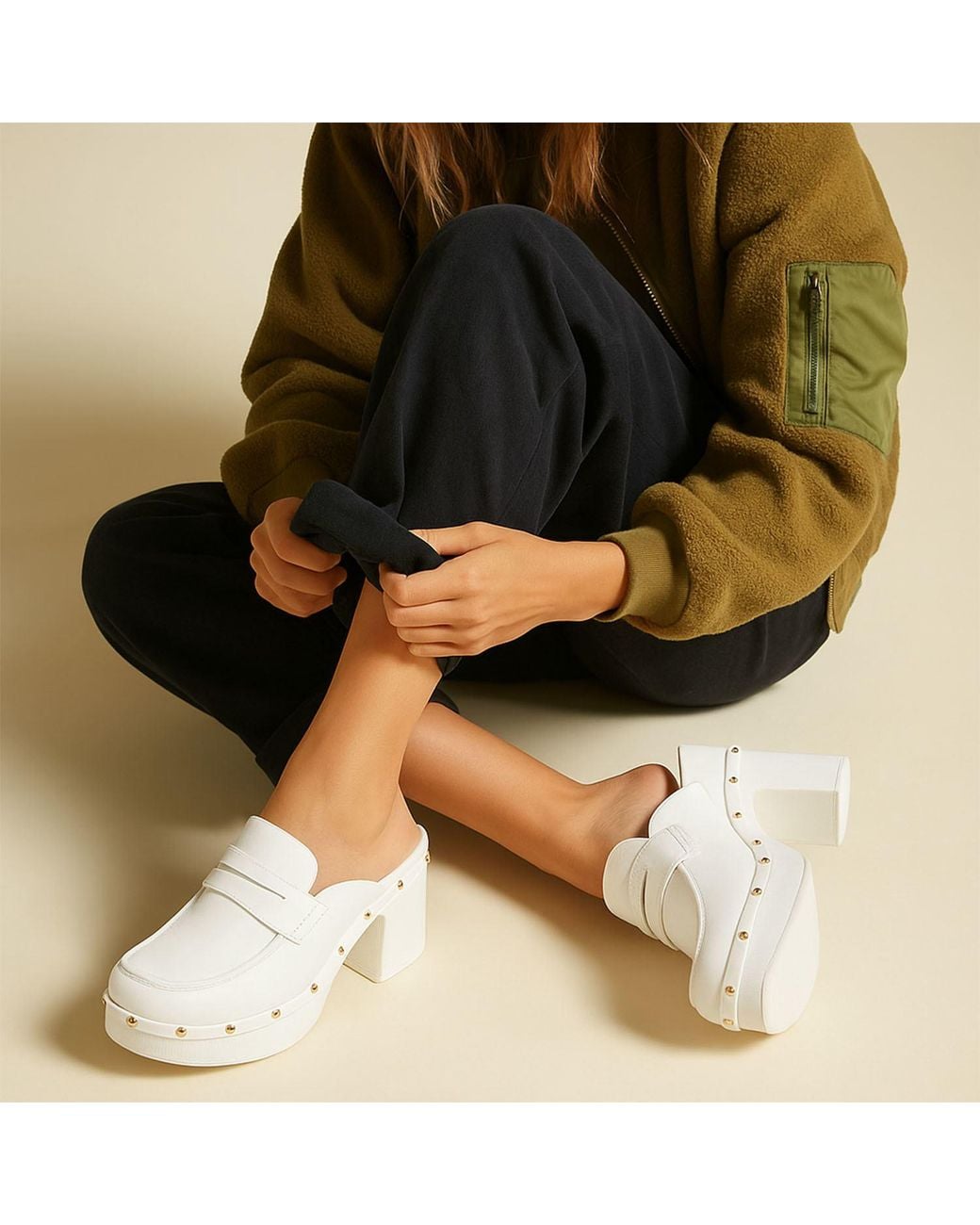 Rag & Co White Lyrac Recycled Leather Platform Clogs