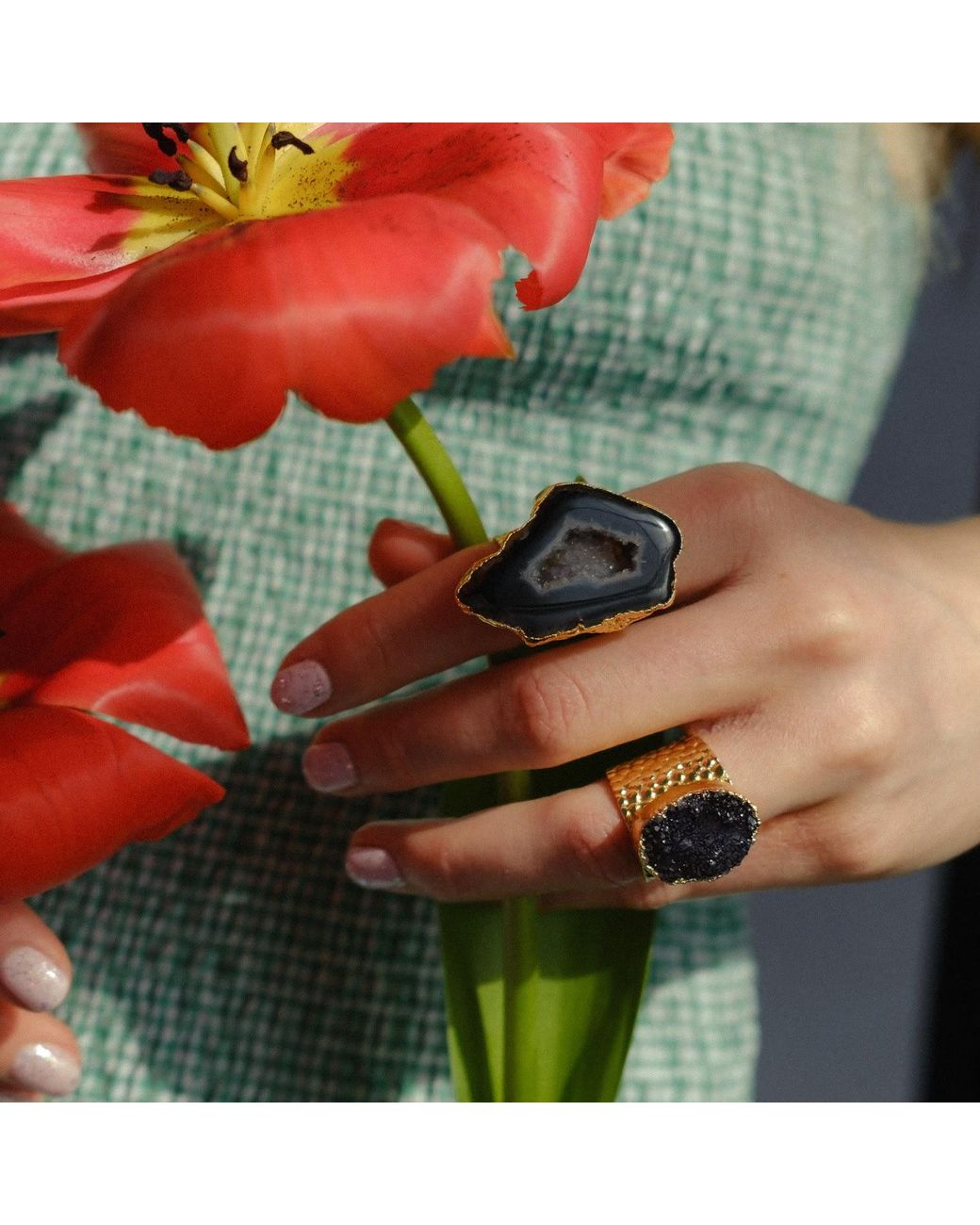 YAA YAA LONDON Black Mega Gemstone Gold Statement Ring