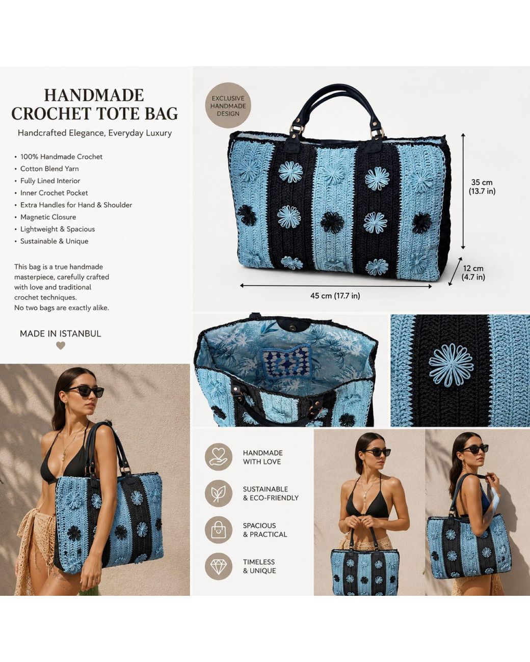 Springmoonatelier Blue Handcrafted & Raffia Bloom Tote