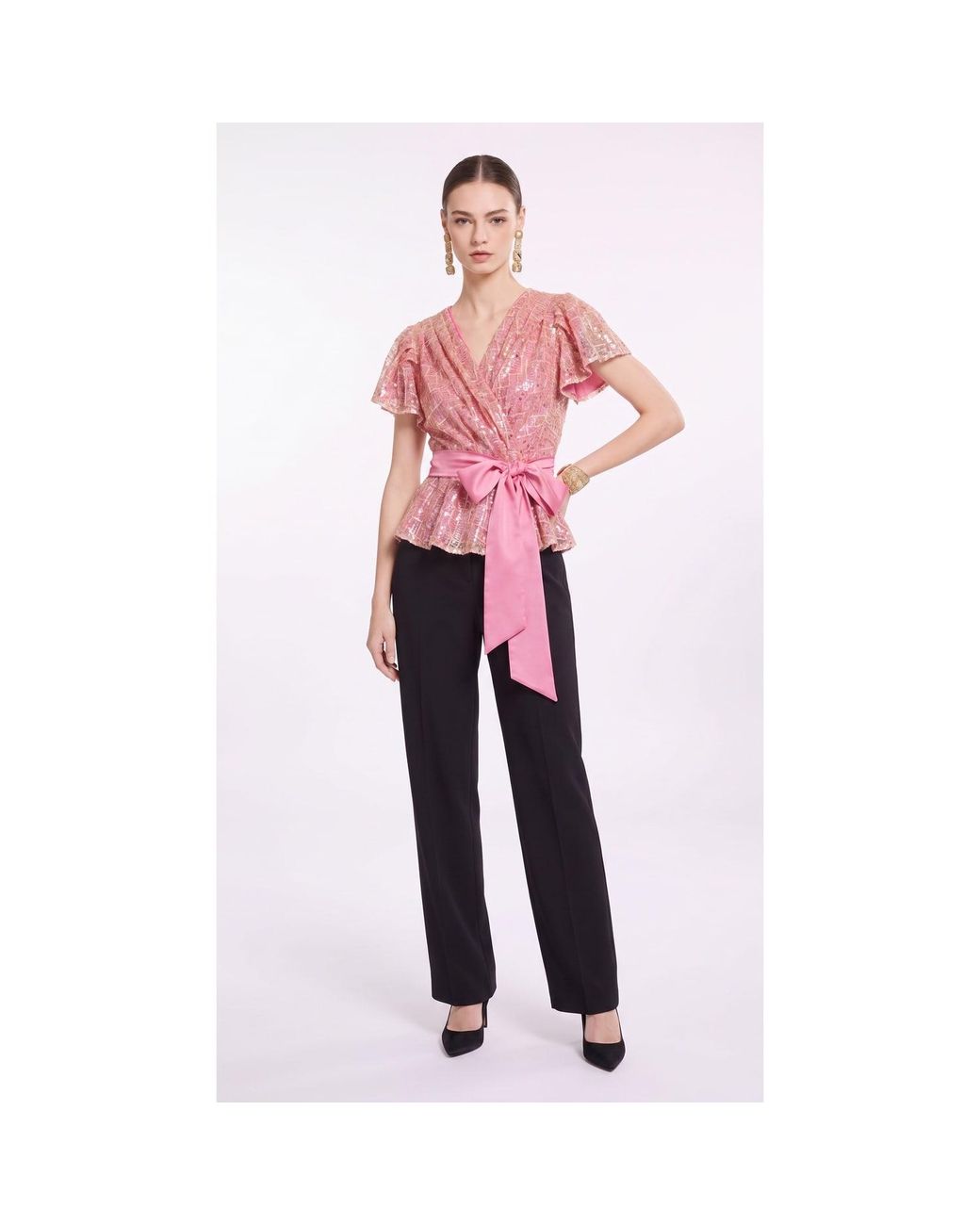 concept A trois Pink Sequin Wrap Top With Satin Tie