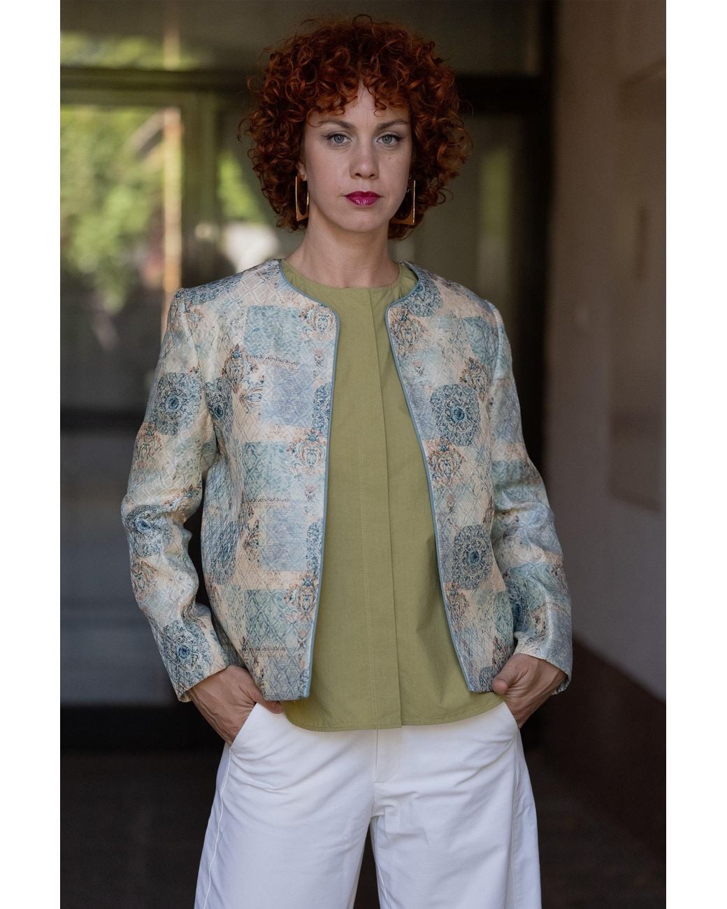 Stovaria Blue Ivory Silk-Cotton Jacquard Statement Jacket
