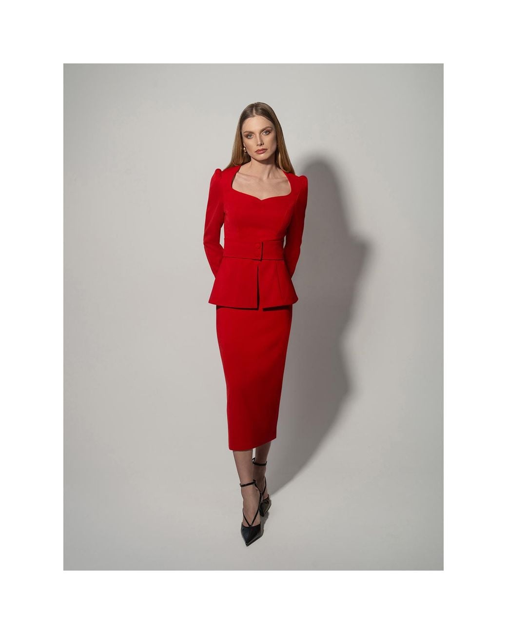 Tia Dorraine Red Fitted Blouse & Pencil Skirt Set