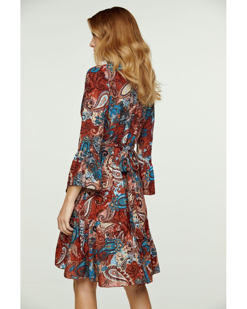 Conquista Red Paisley Print Viscose Wrap Dress With Bell Sleeves