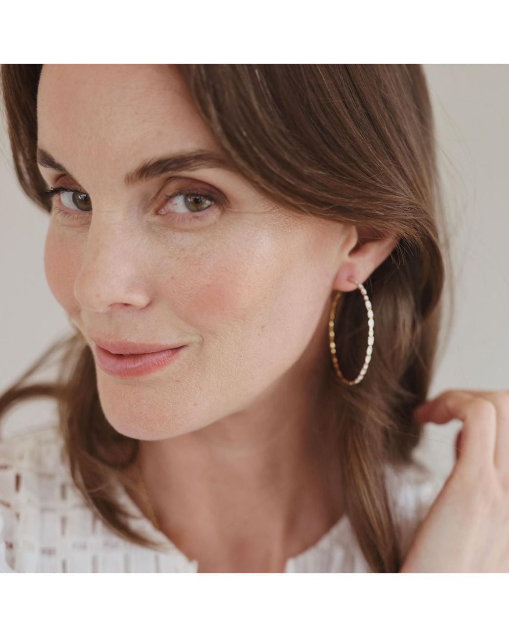 Linda Fiore Metallic Adeline Creme Enamel Hoop Earrings Vermeil