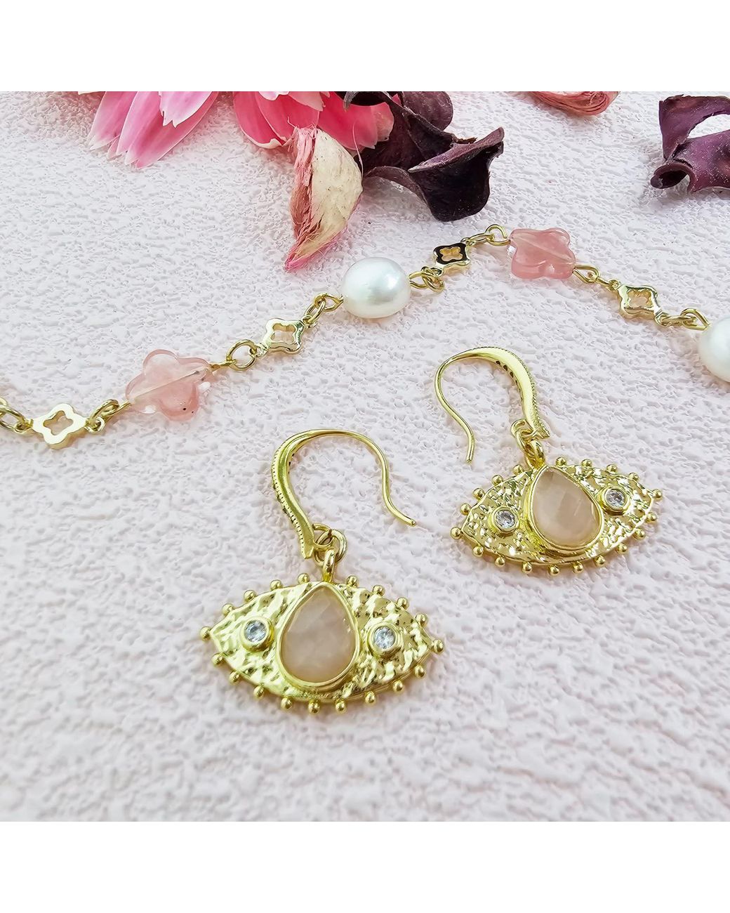 Farra Metallic Evil Eye Adorned Rose Quartz Stone Earrings