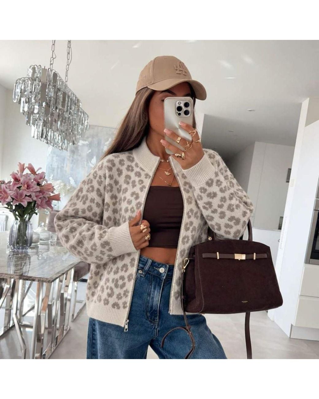 LAtelier London Gray Neutrals Cream Taupe Floral Knit Cardigan With Ribbed Trims