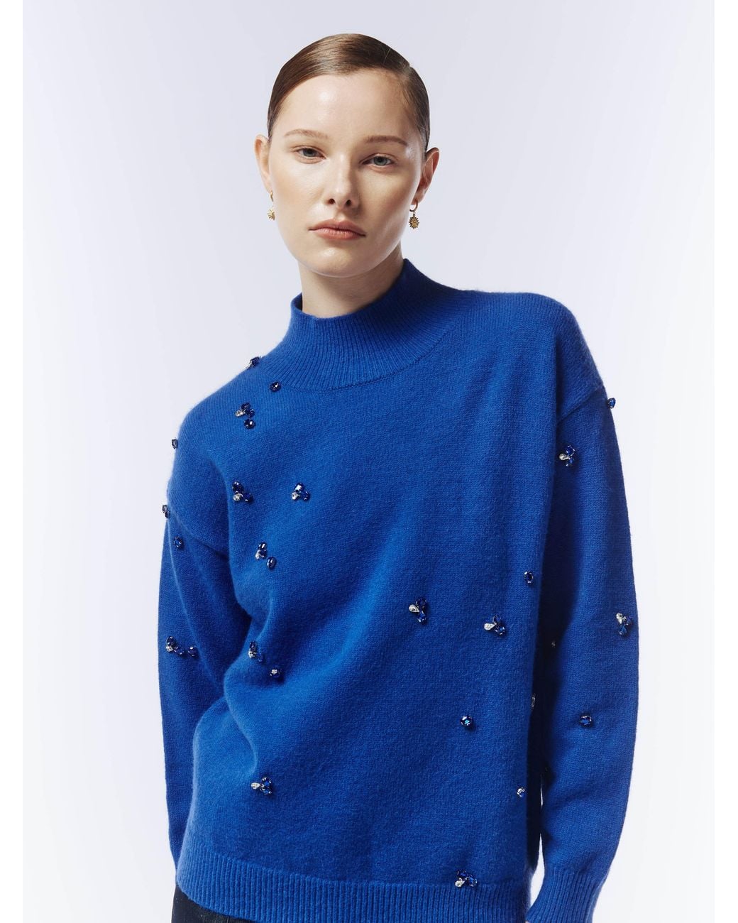 Sour Figs Blue Gemstone-Embellished High-Neck Jumper