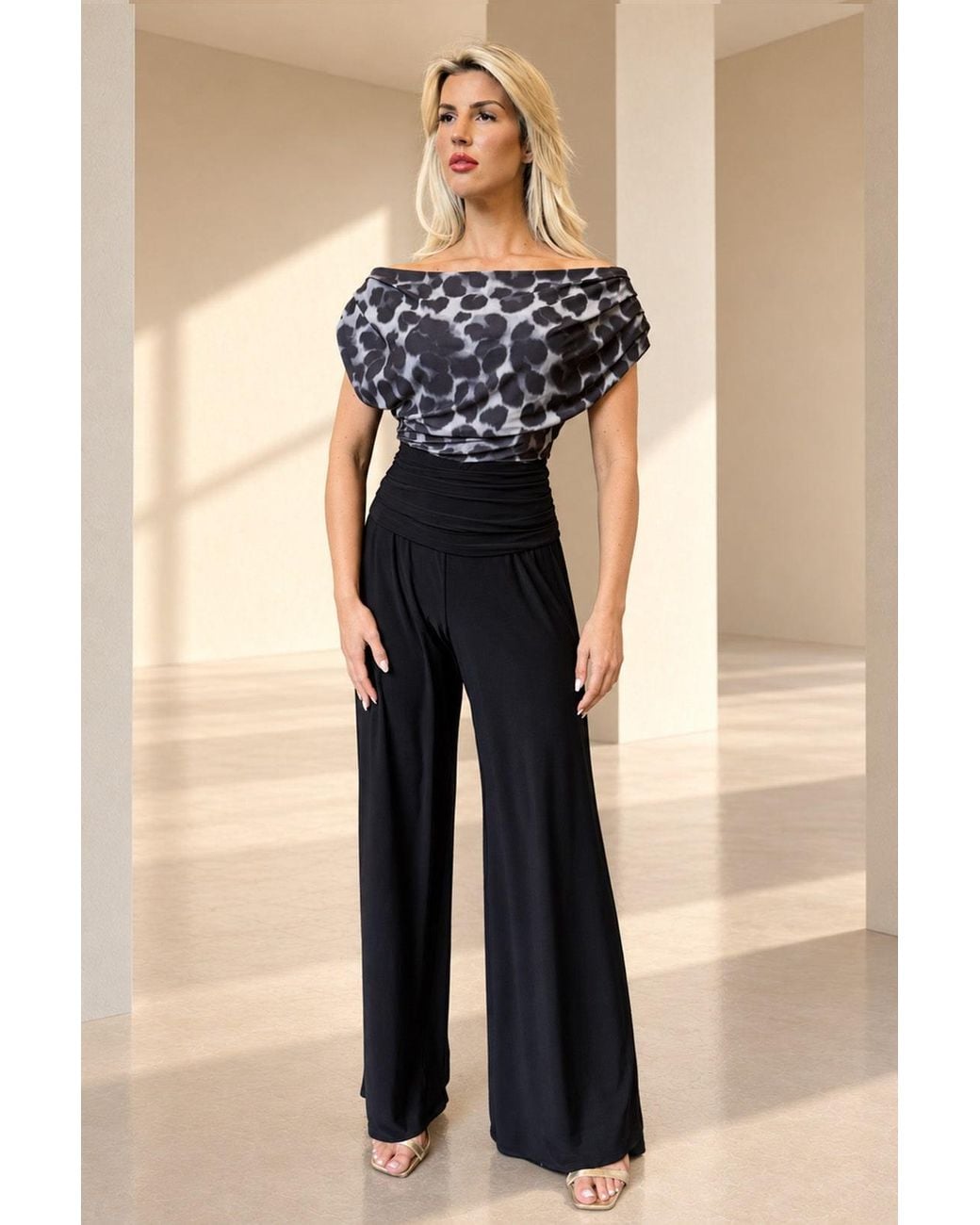 Atom Label Black Carbon Bardot Wide Leg Jumpsuit