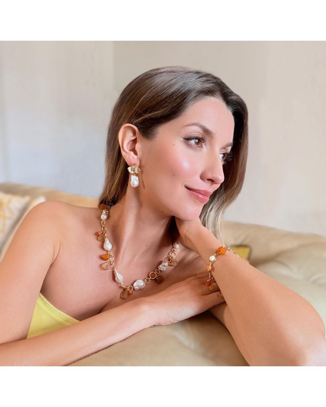 Farra Metallic Spring Garden Raspberry And Citrine Pearl Chain Bracelet