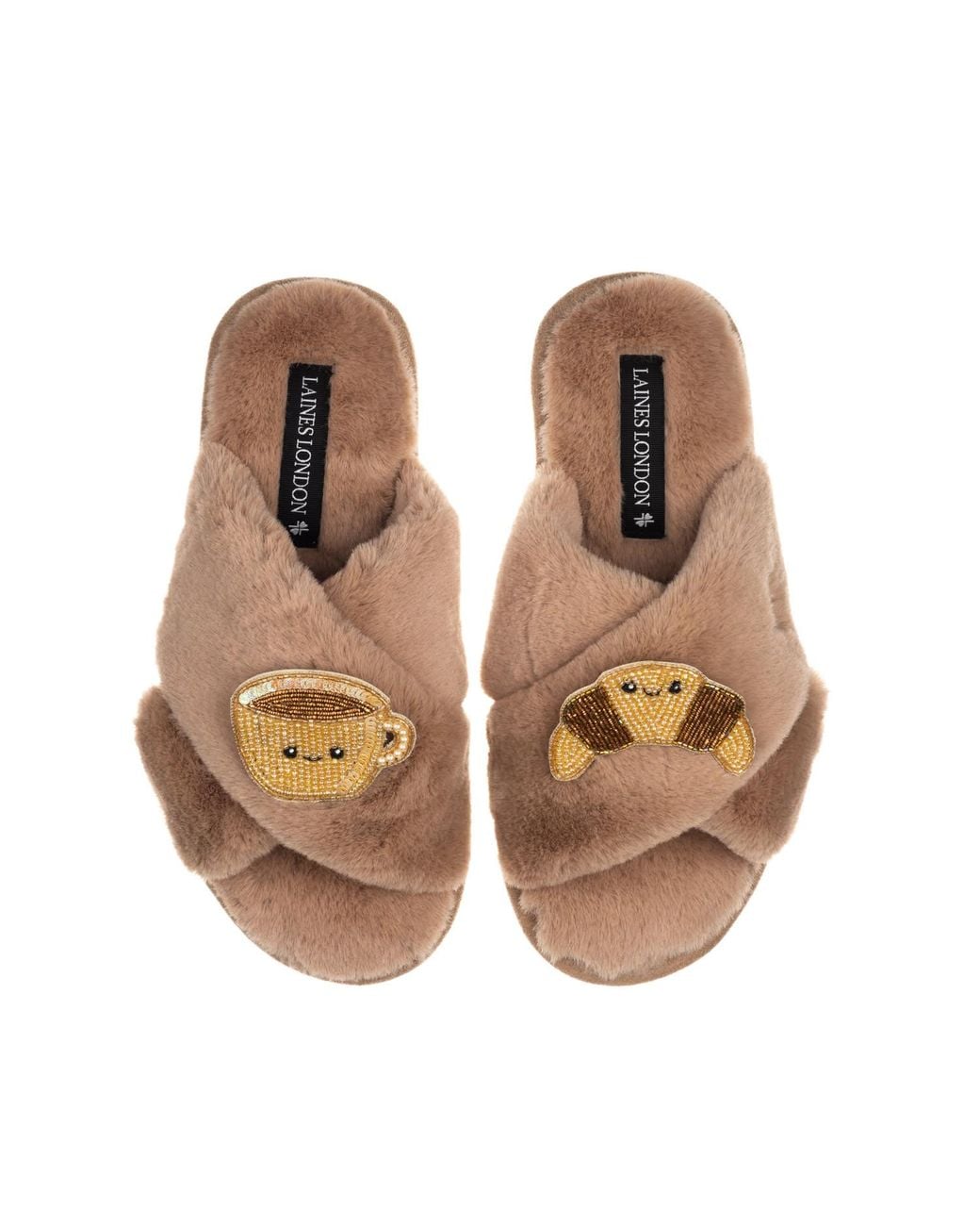 Laines London Brown Classic Slippers With Laines Lovables Coffee & Croissant Brooches