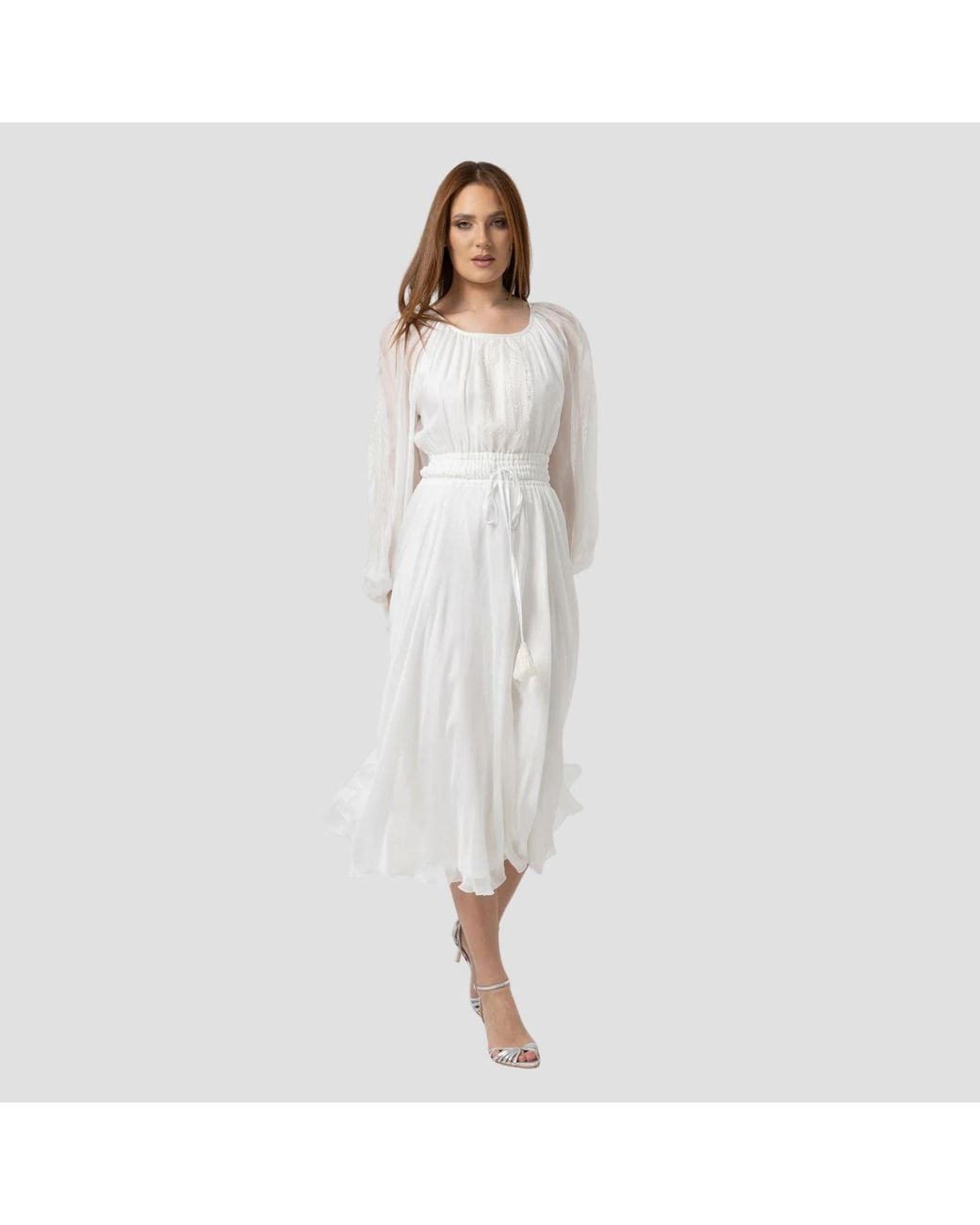 IZABELA MANDOIU White Midi Silk Voile Dress With Macramé Insets And Adjustable Waist