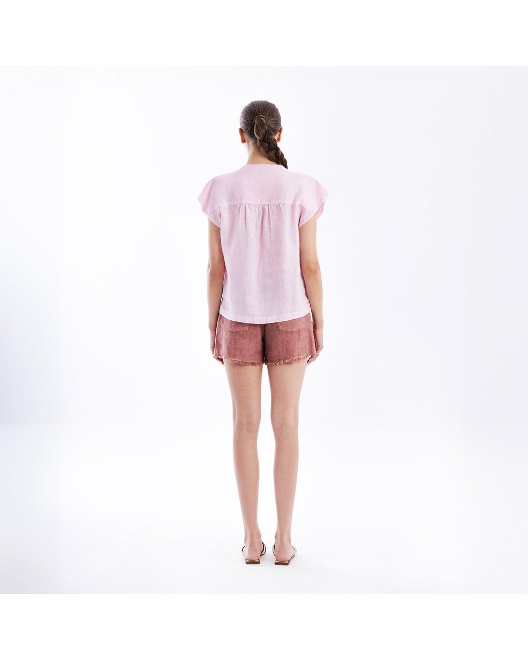Haris Cotton Pink Linen V-Neck Blouse With Short Flutter Sleeves Powder
