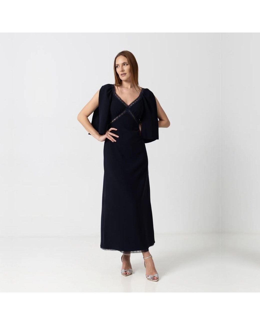 IZABELA MANDOIU Black Elegant Midi Dress With Lace Details And Cape Sleeves