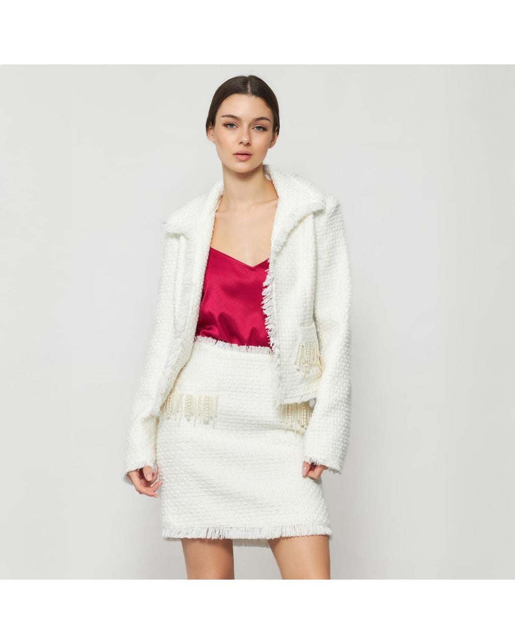 Solgo Atelier White Tia Shimmering Tweed Bouclé Crop Jacket