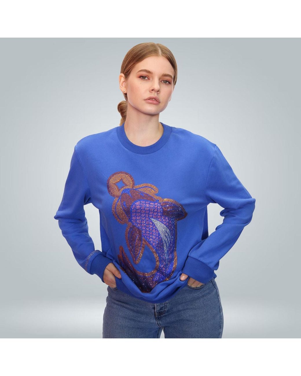 Miracles Manifester Blue Koi Fish Lucky Feng Shui Rhinestoned Sweatshirt