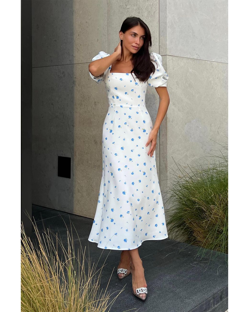 POST MERIDIEM White Godet Silhouette Square Neck Midi Dress