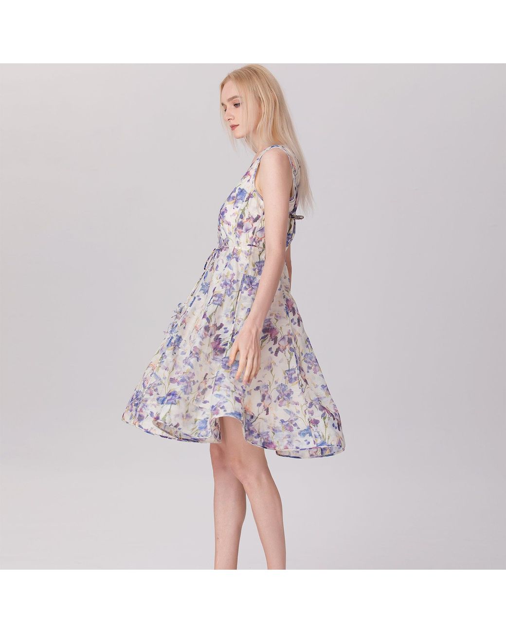 Smart and Joy Multicolor Neutrals Flower Print Sleeveless Tea Organza Dress