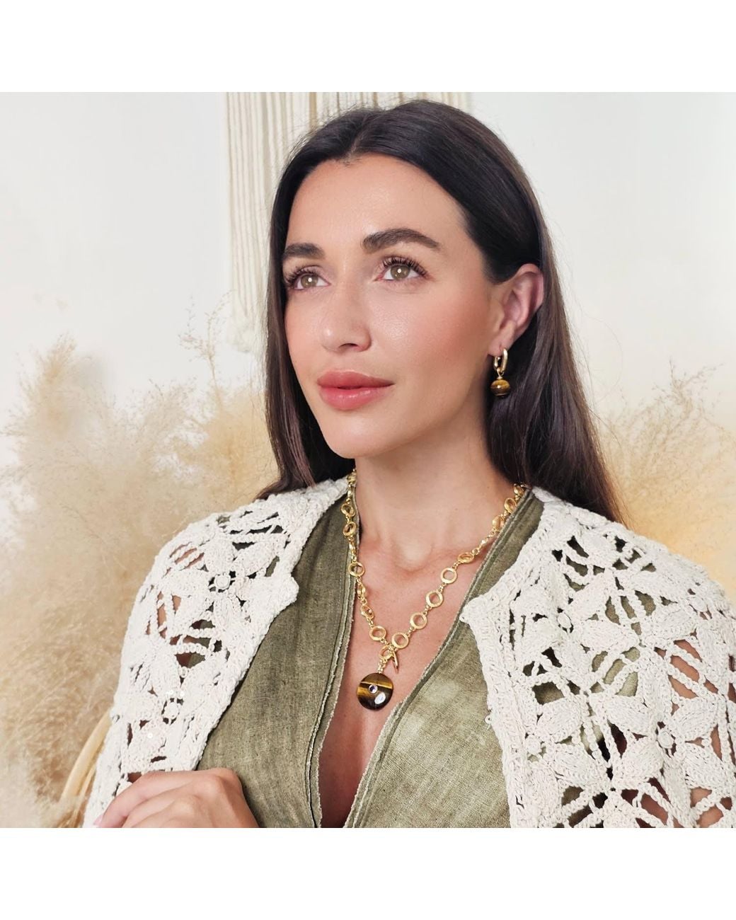 Farra Metallic Tiger Eye Stone Pendant Y-Shaped Necklace