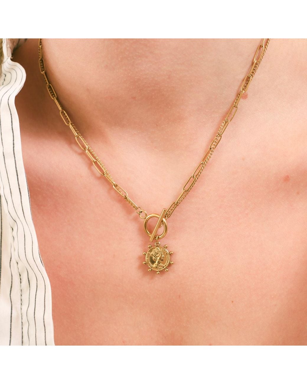 Isolated Jewellery Metallic Coin Studded T-Bar Necklace