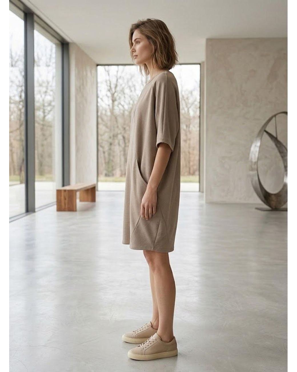 Conquista Natural Camel Cocoon Dress With Front Drape Detail