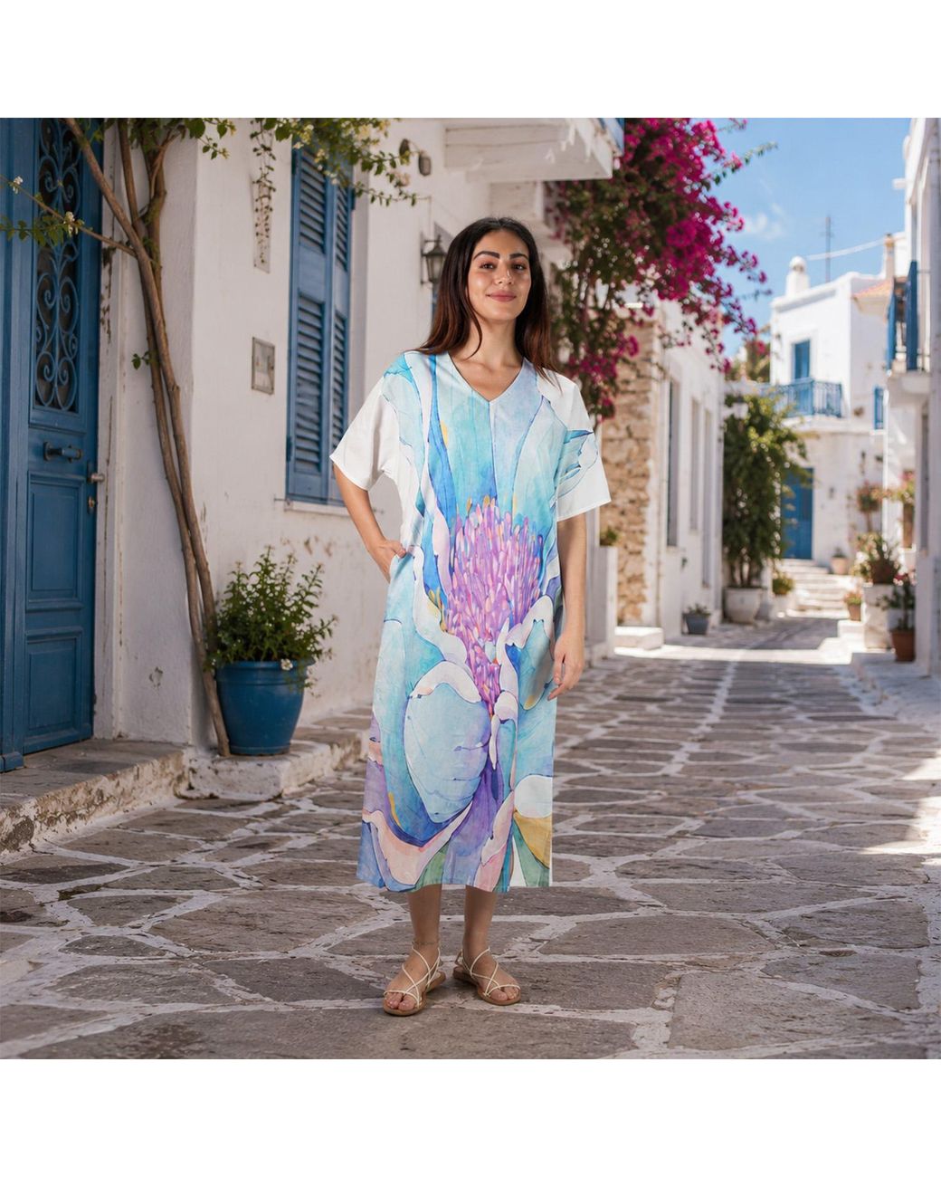 DHARA SHETH DUBAI Blue Fleur Watercolour Floral Long Dress