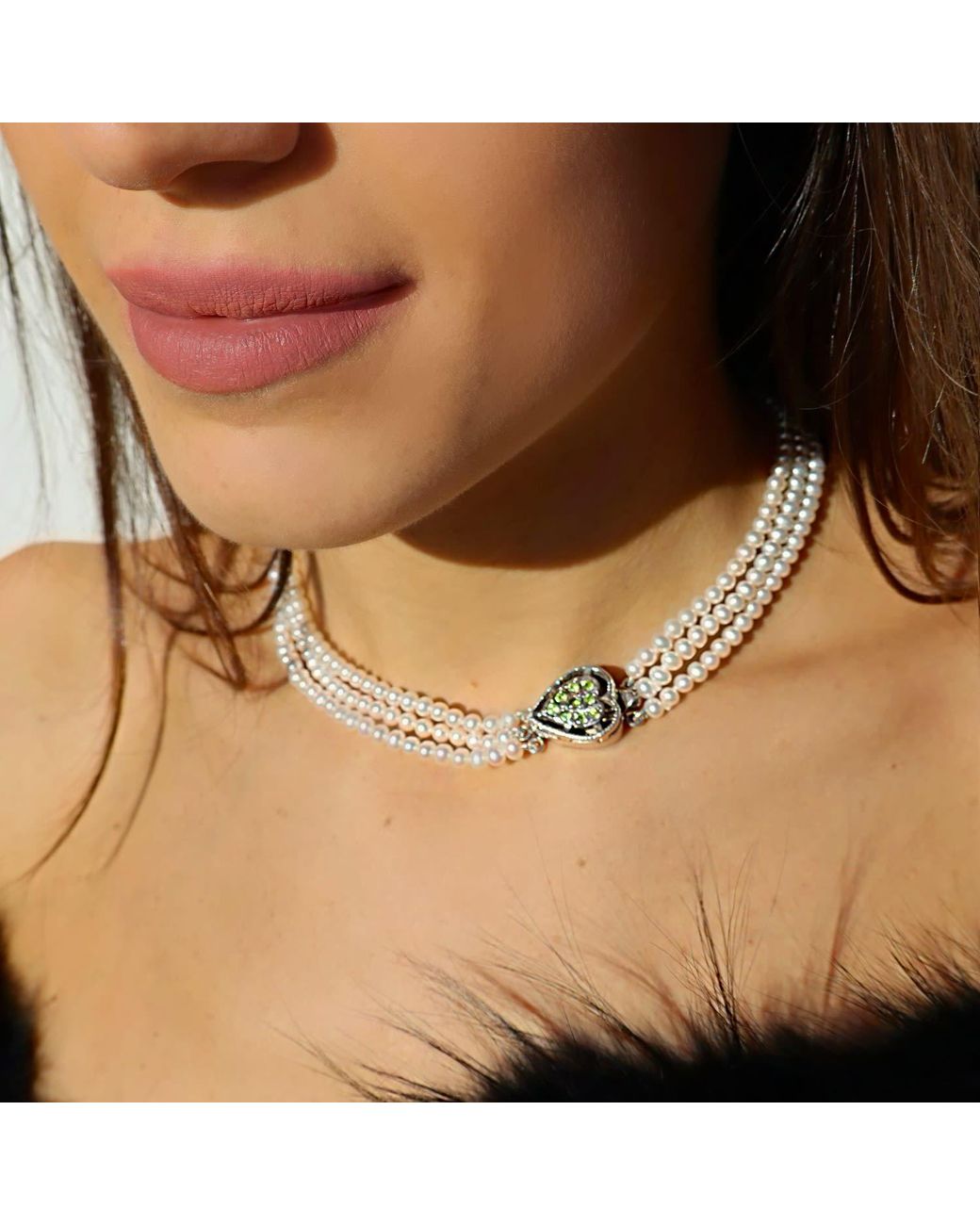 Mineralgems•Studio Metallic Three-Strand Pearl Choker With Heart-Shaped Clasp