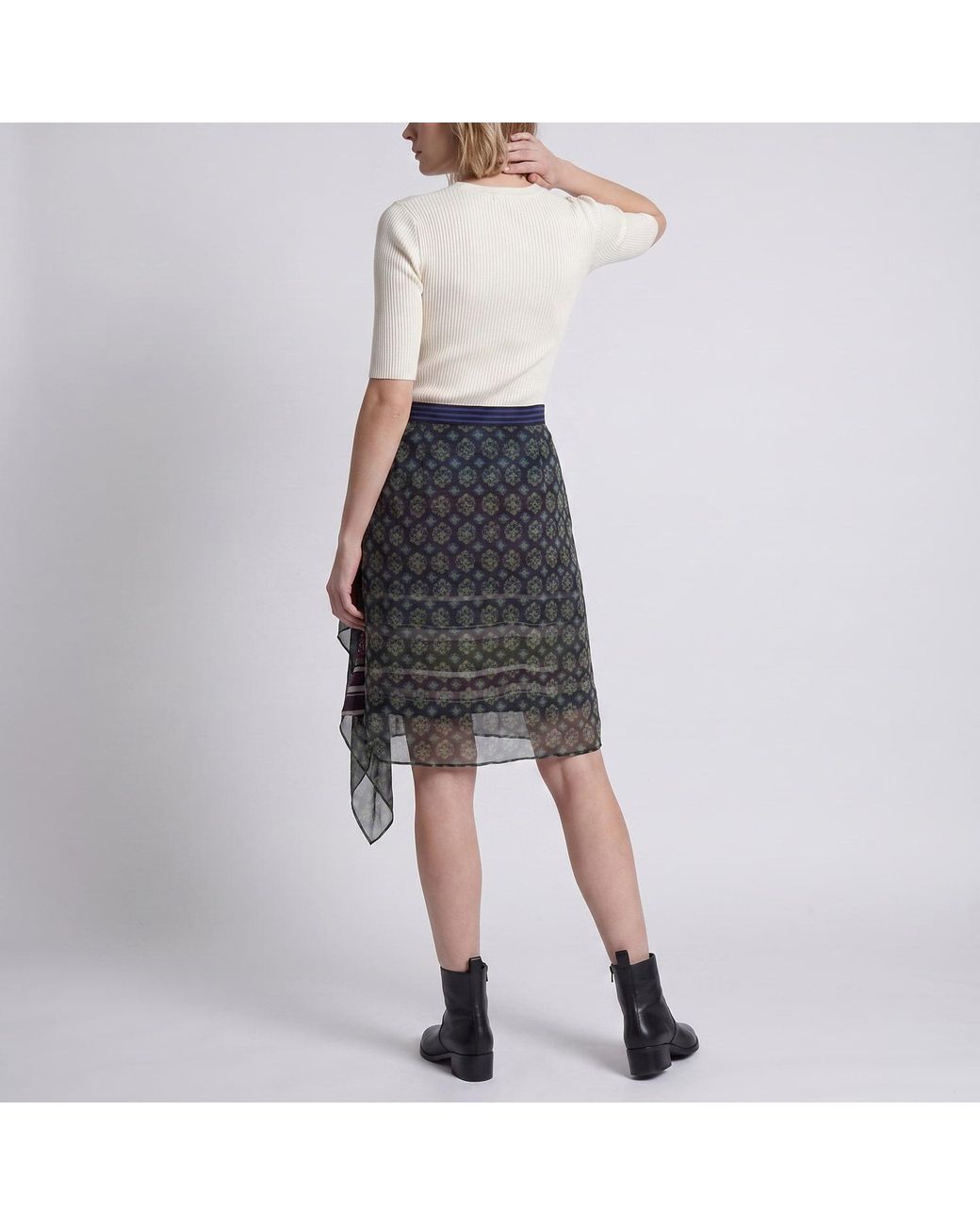 Modenaire Gray Geometric Print Chiffon Midi Skirt With Draped Asymmetric Side Panel