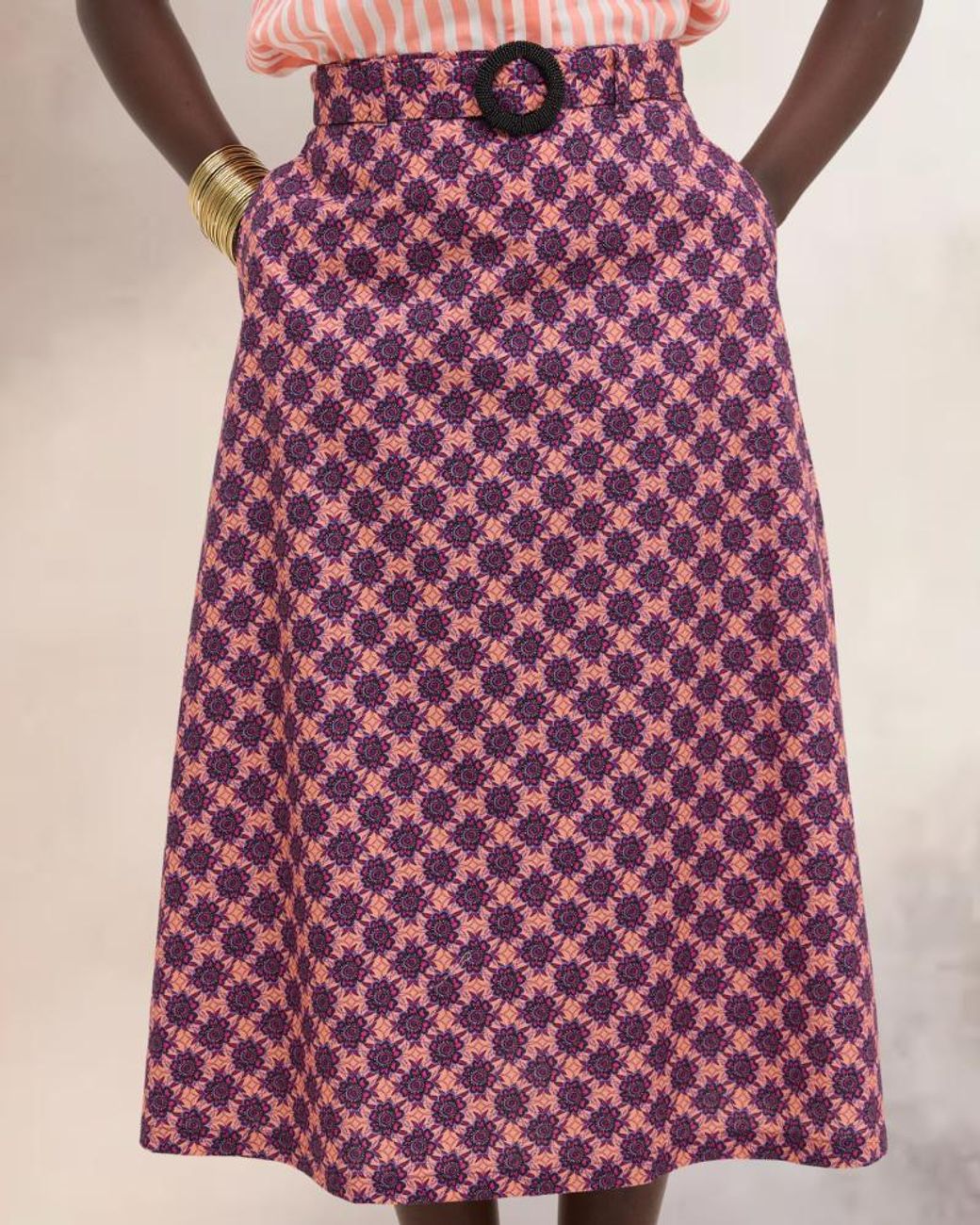 IN OUR NAME Purple Kipipiri Printed Coral Midi Skirt With Beaded Buckle
