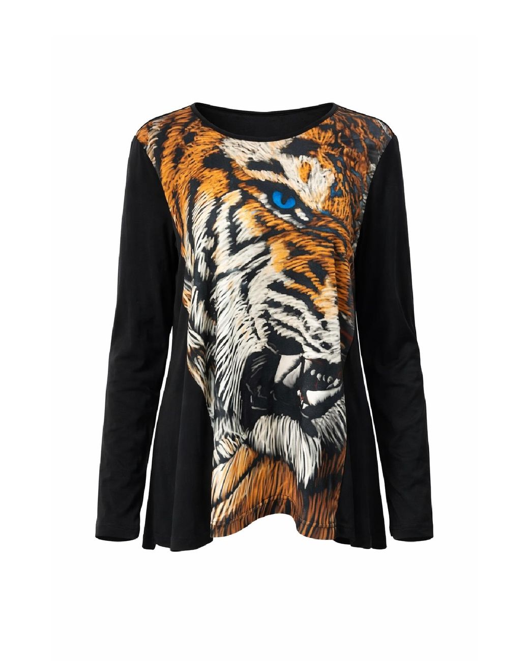 Conquista Black Long-Sleeve Top With Artistic Tiger Print