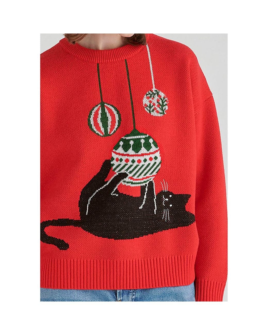Paisie Red Christmas Jumper With Cat And Baubles